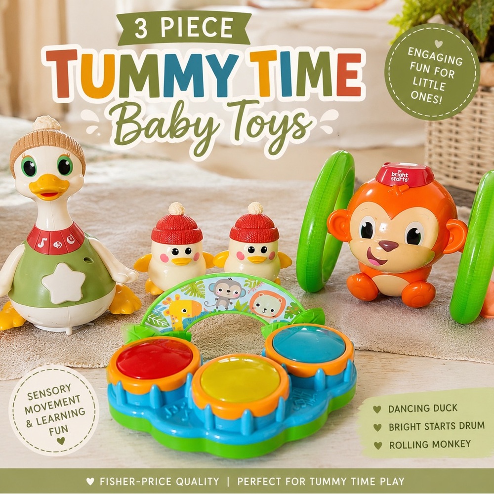 3 Piece Tummy Time Baby Toys - Dancing Duck, Bright Starts Drum & Rolling Monkey